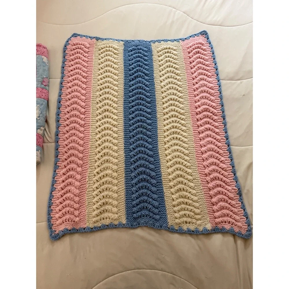 Handmade Baby Blanket Bundle Flying Pigs Quilt Crochet Chevron Pink Blue 3pc Set